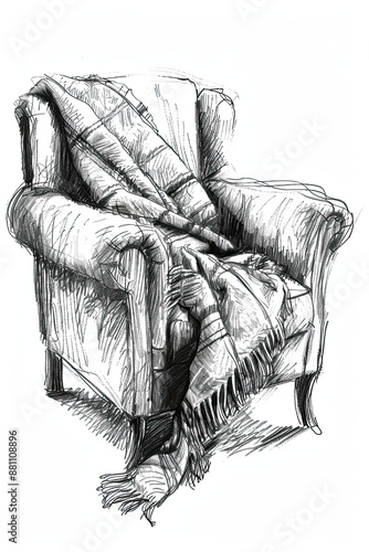 A black and white sketch of a cozy armchair with a blanket