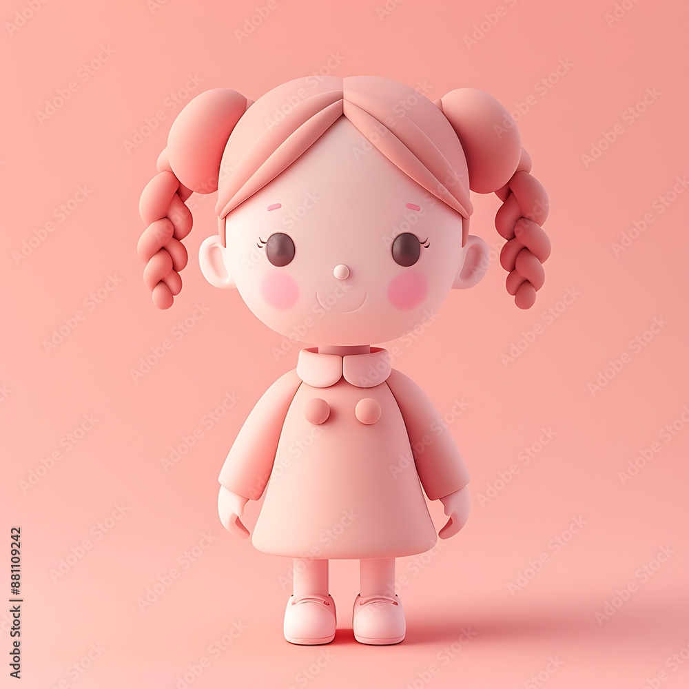 Cute D Cartoon Girl Character with Pink Dress and Pigtails Cute D Cartoon Girl Character with Pink Dress and Pigtails