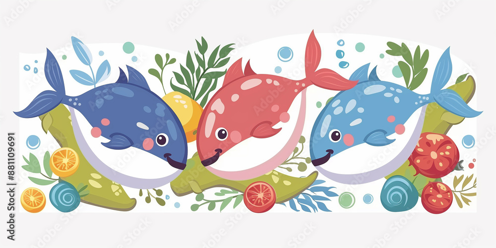 Obraz premium Three fish swim among fruits