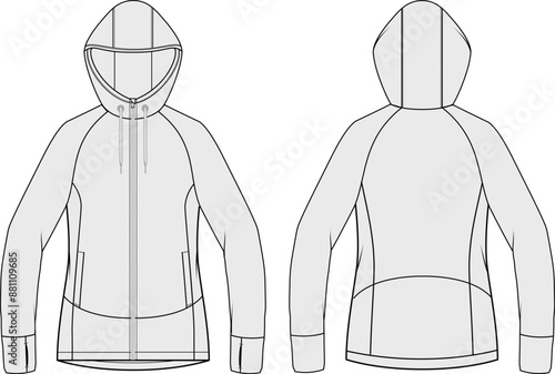 Hooded fleece jacket technical softshell full-zip hoodie CAD fashion illustration front and back views