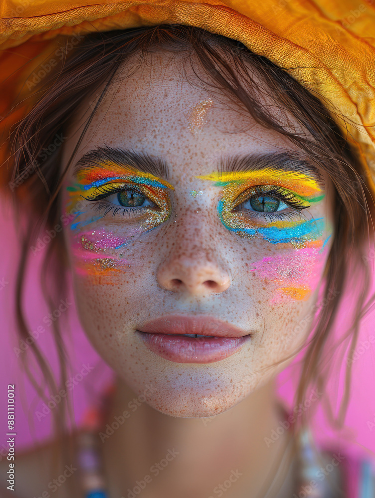 Portrait young woman with rainbow makeup playfully posing for camera. Concept LGBTQ and pride concept. Portrait young woman with rainbow makeup playfully posing for camera. Concept LGBTQ and pride concept.