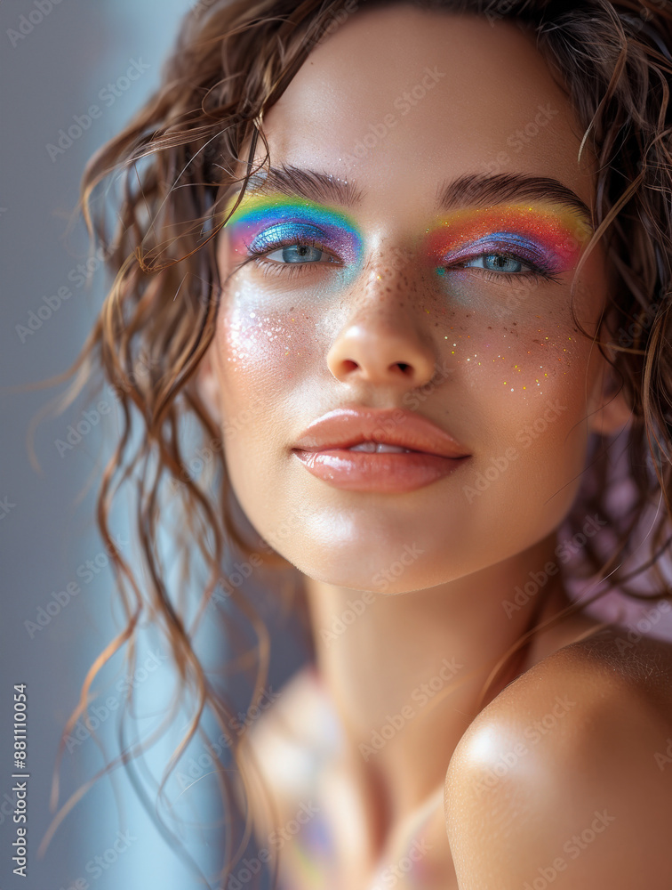 Portrait young woman with rainbow makeup playfully posing for camera. Concept LGBTQ and pride concept.