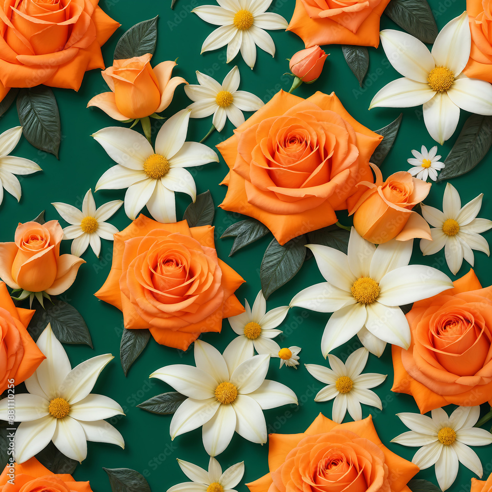 Fototapeta premium Orange background, featuring various flowers like roses, daisies, and lilies with green leaves and intricate details. 