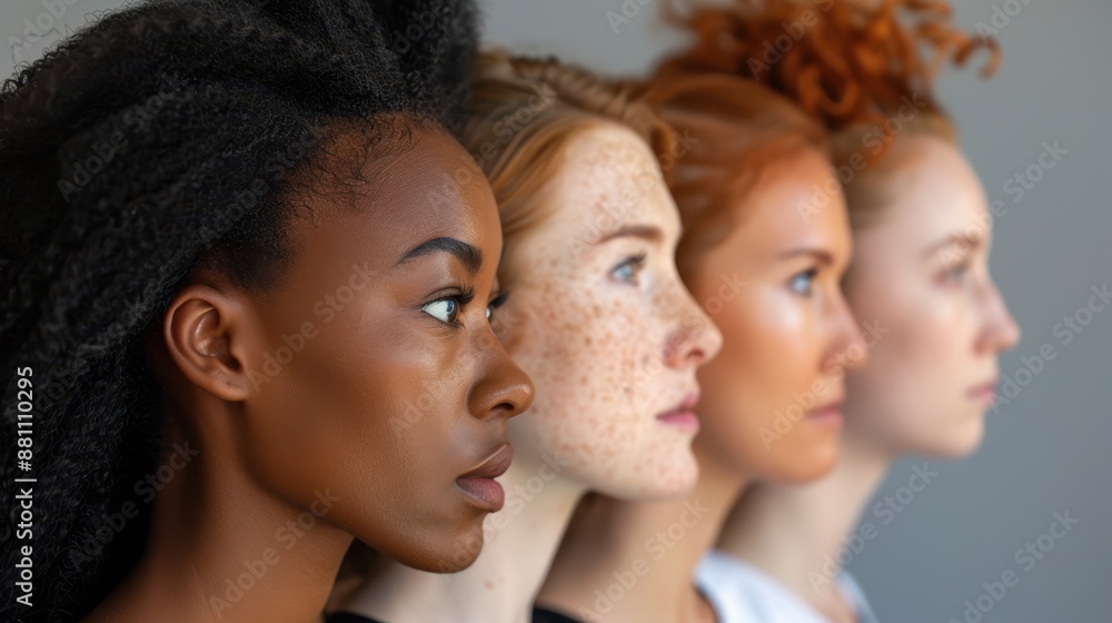 Obraz premium Diverse group of women standing in profile against a neutral background. Diversity and unity concept.