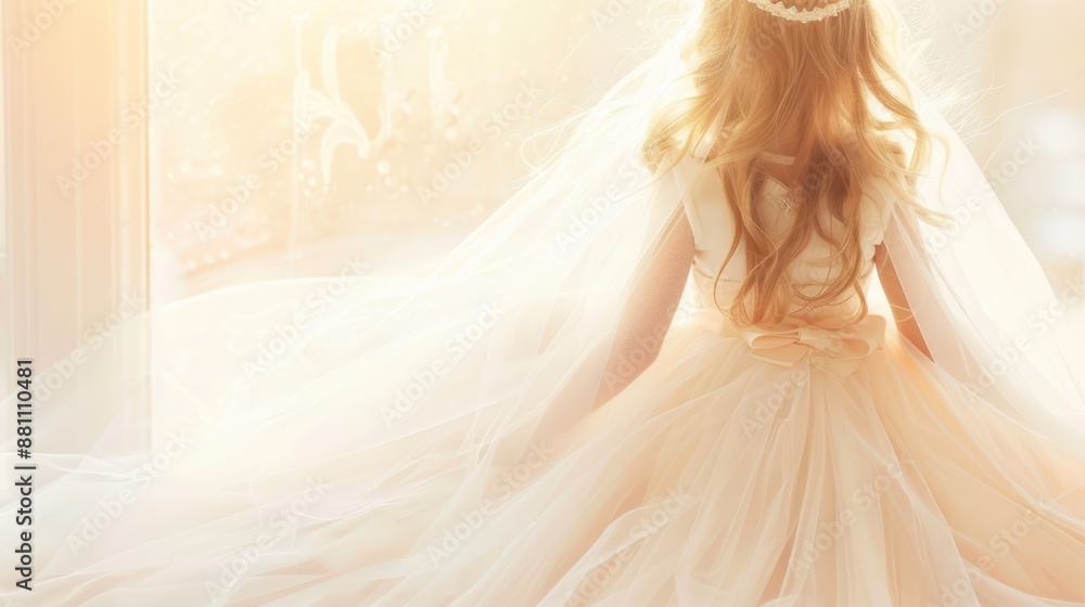 Young girl in a white dress, standing by a window, bathed in soft light, creating a dreamy and ethereal atmosphere. Young girl in a white dress, standing by a window, bathed in soft light, creating a dreamy and ethereal atmosphere.
