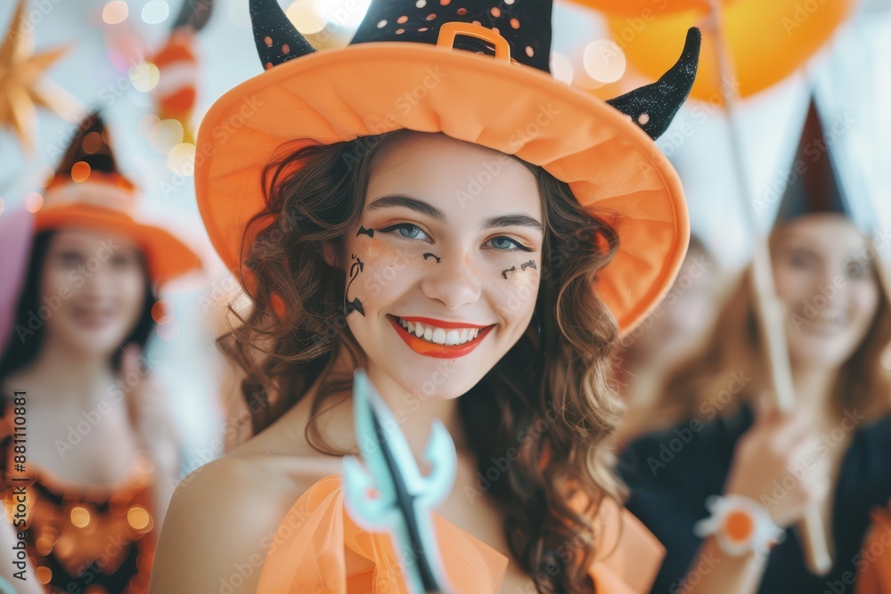 Smiling woman with curly hair wearing a trident headband, dressed in bright colors, celebrating Halloween with friends in a festive indoor setting. Smiling woman with curly hair wearing a trident headband, dressed in bright colors, celebrating Halloween with friends in a festive indoor setting.