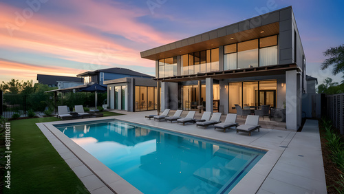 Luxury home with modern pool at sunrise  contemporary 