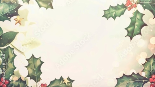 Festive holly leaves and red berries with golden stars forming a decorative border on a white background. Concept of Christmas decoration and holiday invitation.