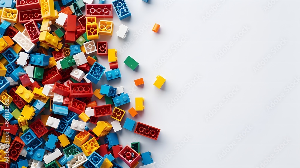White background, white space in the center of picture. A pile of colorful blocks scattered all over the place. The bricks of different shapes and sizes to show diversity. White background, white space in the center of picture. A pile of colorful blocks scattered all over the place. The bricks of different shapes and sizes to show diversity.