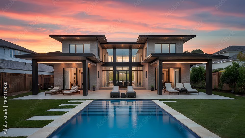 Fototapeta premium Luxury home with modern pool at sunrise, contemporary 