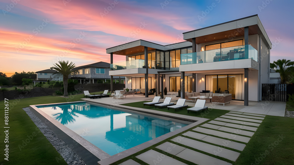 Luxury home with modern pool at sunrise, contemporary Luxury home with modern pool at sunrise, contemporary