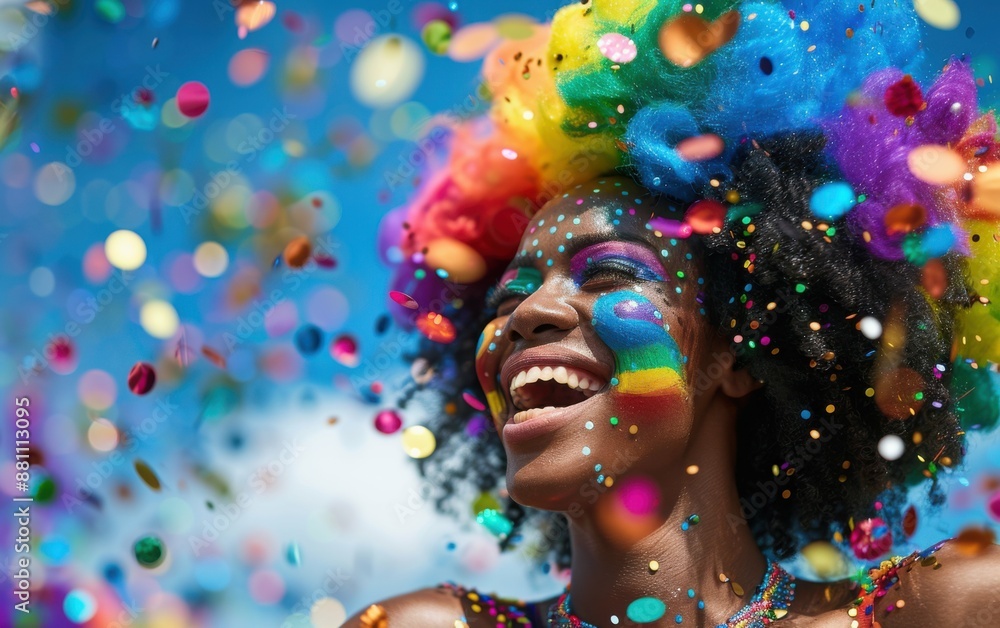 A woman with rainbow hair and face paint is smiling and surrounded by confetti. Concept of joy and celebration, as the woman is at a party or a festival. The confetti adds to the festive atmosphere A woman with rainbow hair and face paint is smiling and surrounded by confetti. Concept of joy and celebration, as the woman is at a party or a festival. The confetti adds to the festive atmosphere