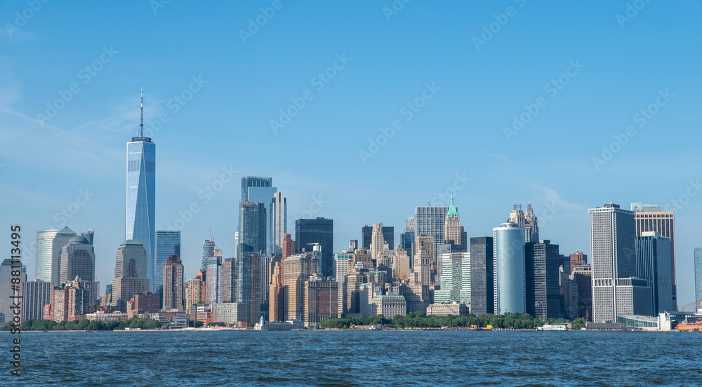 New York City day time view from Hudson river side with clear blue sky New York City day time view from Hudson river side with clear blue sky