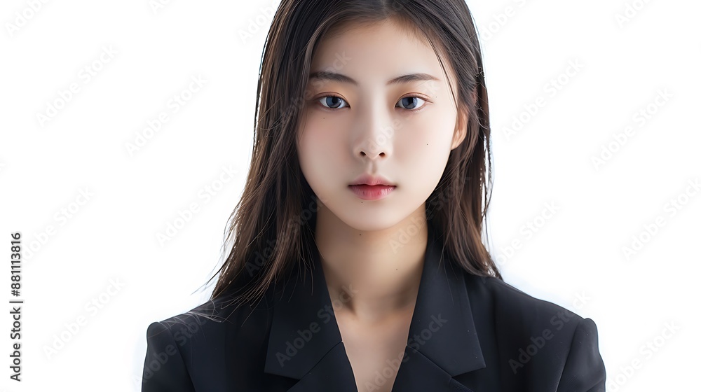 Asian young woman, straight hair, Korean makeup, office suit, isolated white background, clean pose. 32k, full ultra HD, high resolution Asian young woman, straight hair, Korean makeup, office suit, isolated white background, clean pose. 32k, full ultra HD, high resolution