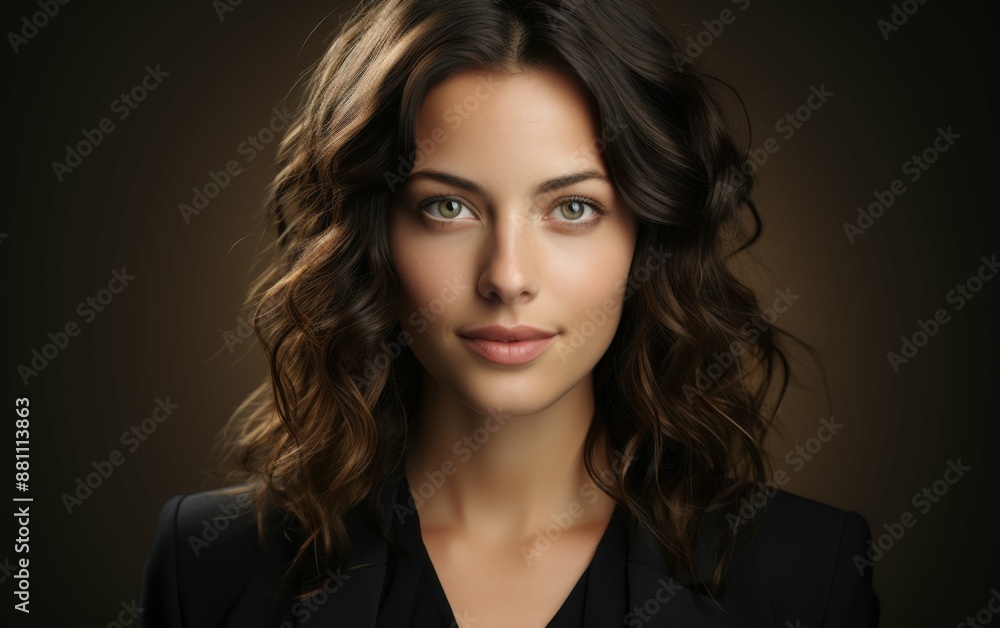 A woman with long brown hair and a black blazer. She has a smile on her face A woman with long brown hair and a black blazer. She has a smile on her face