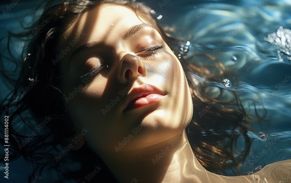 A woman is floating in a pool with her hair wet. She is smiling and looking at the camera A woman is floating in a pool with her hair wet. She is smiling and looking at the camera