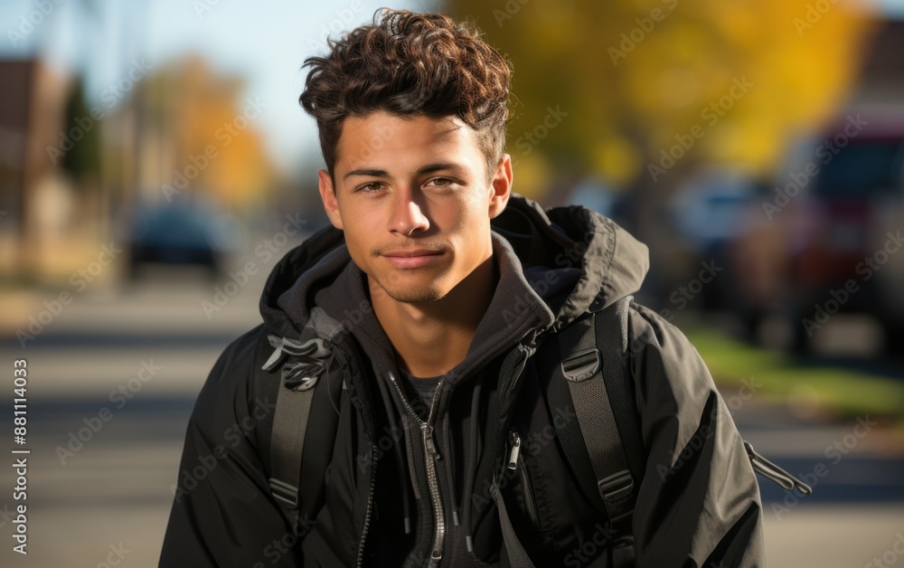 A young man wearing a black jacket and backpack is sitting on the sidewalk. He has a smile on his face and he is enjoying the moment. The scene is set in a residential area with cars parked nearby A young man wearing a black jacket and backpack is sitting on the sidewalk. He has a smile on his face and he is enjoying the moment. The scene is set in a residential area with cars parked nearby