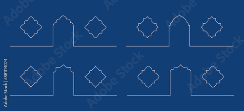 Line arabian window, arch shape. Outline border with oriental patterned windows. Vector elements for eid mubarac card, background