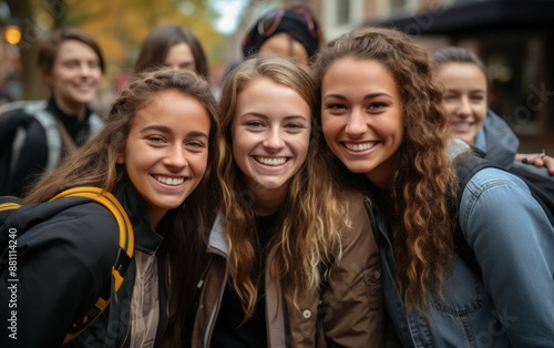 Three girls are smiling and posing for a picture. They are wearing backpacks and jackets. Scene is happy and friendly