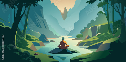 Man finds peace and tranquility as he meditates on a rock in the middle of a river, surrounded by green forest and the soothing sounds of nature