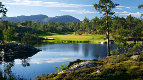 Golf course with green Norwegian nature and trees around and a big lake on the side