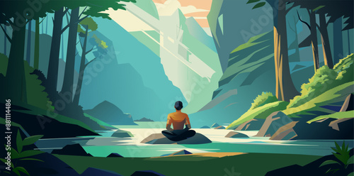 Man finds peace and tranquility as he meditates on a rock in the middle of a river, surrounded by green forest and the soothing sounds of nature