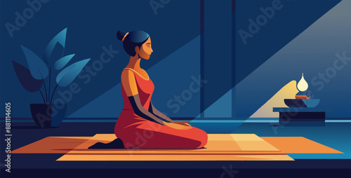 Young woman is sitting in a meditative yoga pose on a mat, finding inner peace and relaxation in the quiet ambiance of her home