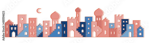 Arabic city landscape border. Abstract muslim moroccan, saudi eastern old city, medina. Line vector mosque, buildings, houses silhouette