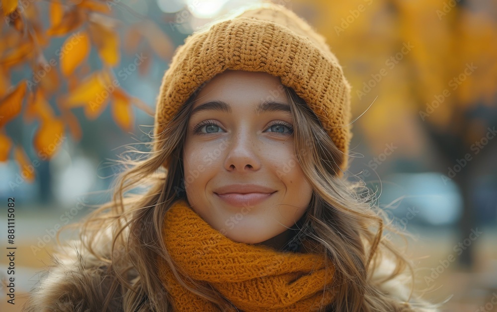 A woman wearing a yellow hat and scarf is smiling. She has long brown hair and blue eyes A woman wearing a yellow hat and scarf is smiling. She has long brown hair and blue eyes