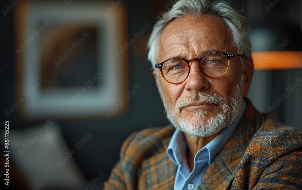 A man with glasses and a beard is sitting in a chair. He is wearing a plaid jacket and a blue shirt A man with glasses and a beard is sitting in a chair. He is wearing a plaid jacket and a blue shirt