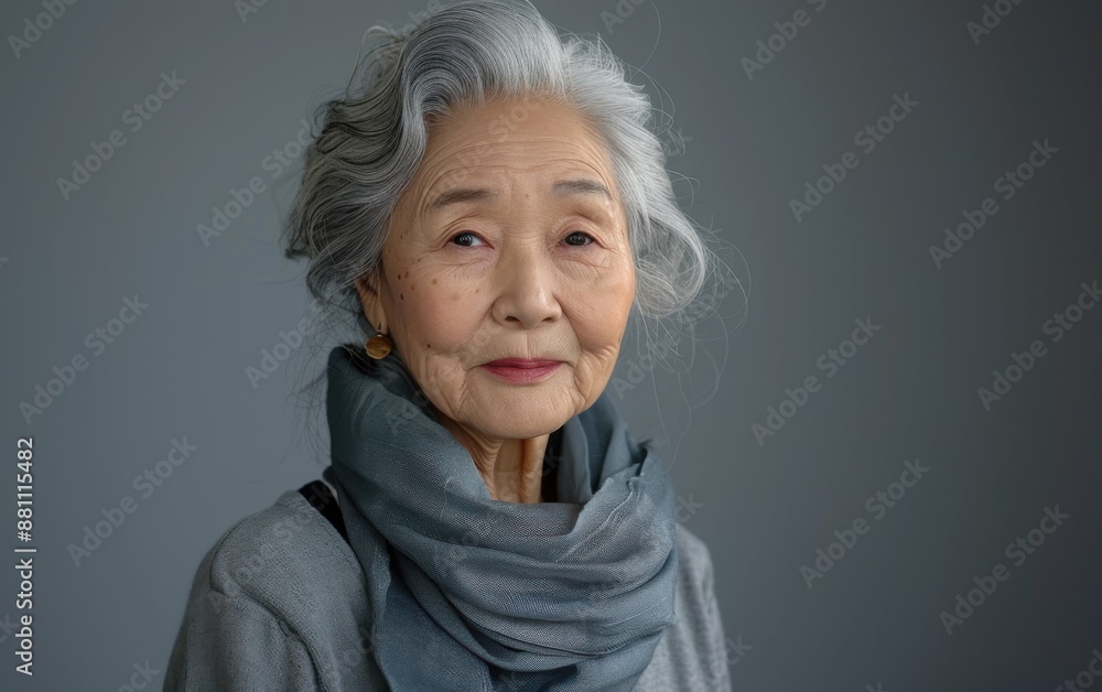 A woman with gray hair and a scarf around her neck. She is smiling and looking at the camera A woman with gray hair and a scarf around her neck. She is smiling and looking at the camera