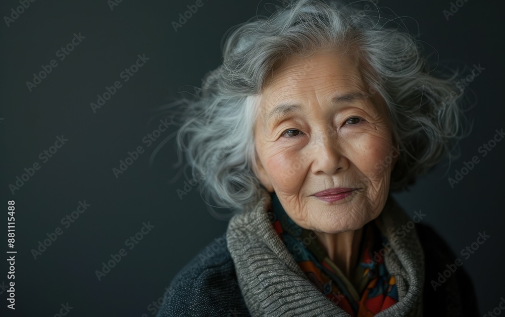 A woman with gray hair and a scarf on her neck is smiling. She looks happy and content A woman with gray hair and a scarf on her neck is smiling. She looks happy and content