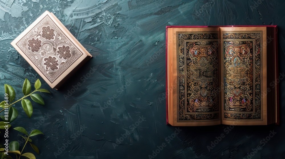 Fototapeta premium Ornate Book With Floral Design on Teal Background