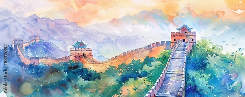 Tranquil Watercolor Painting of Ancient Chinese Great Wall with Serene Background and Soft Focus