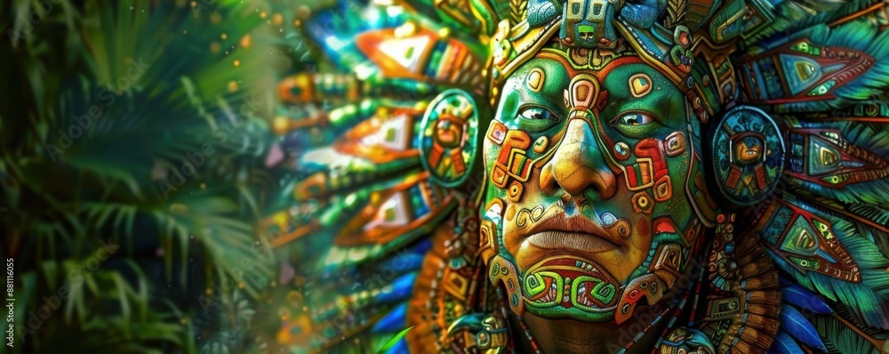 Majestic Ancient Aztec Warrior Amid Vibrant Jungle with Intricate Details Majestic Ancient Aztec Warrior Amid Vibrant Jungle with Intricate Details