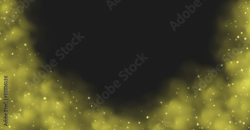 Magic smoke with stars and sparkles, fog with glowing particles, colorful vapor with star dust. Fantasy yellow haze background. Vector illustration.
