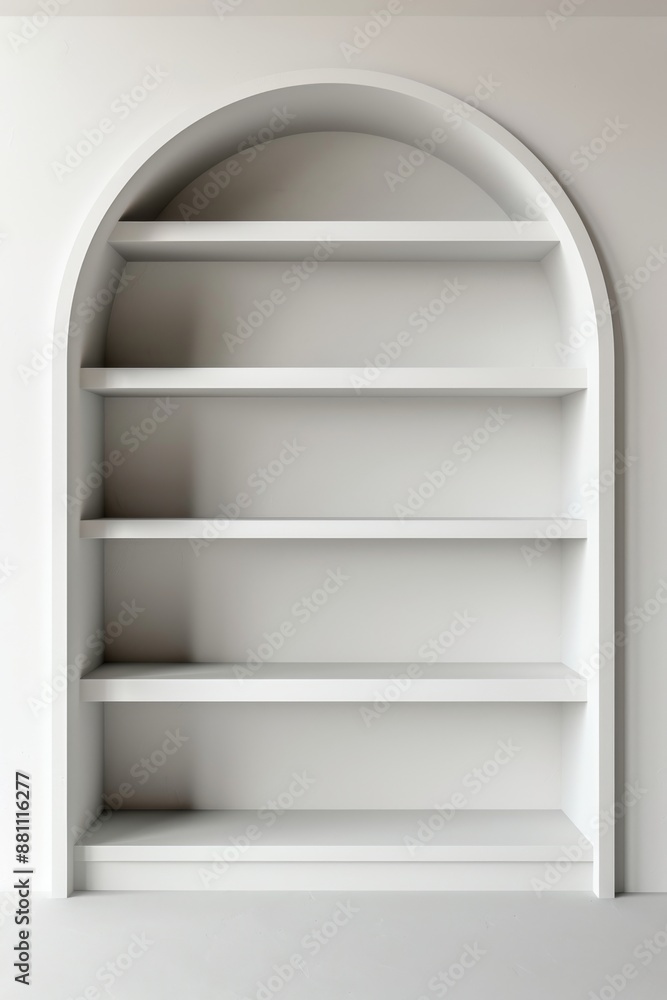 Empty white arched bookshelf against a white wall for minimalistic interiors Empty white arched bookshelf against a white wall for minimalistic interiors