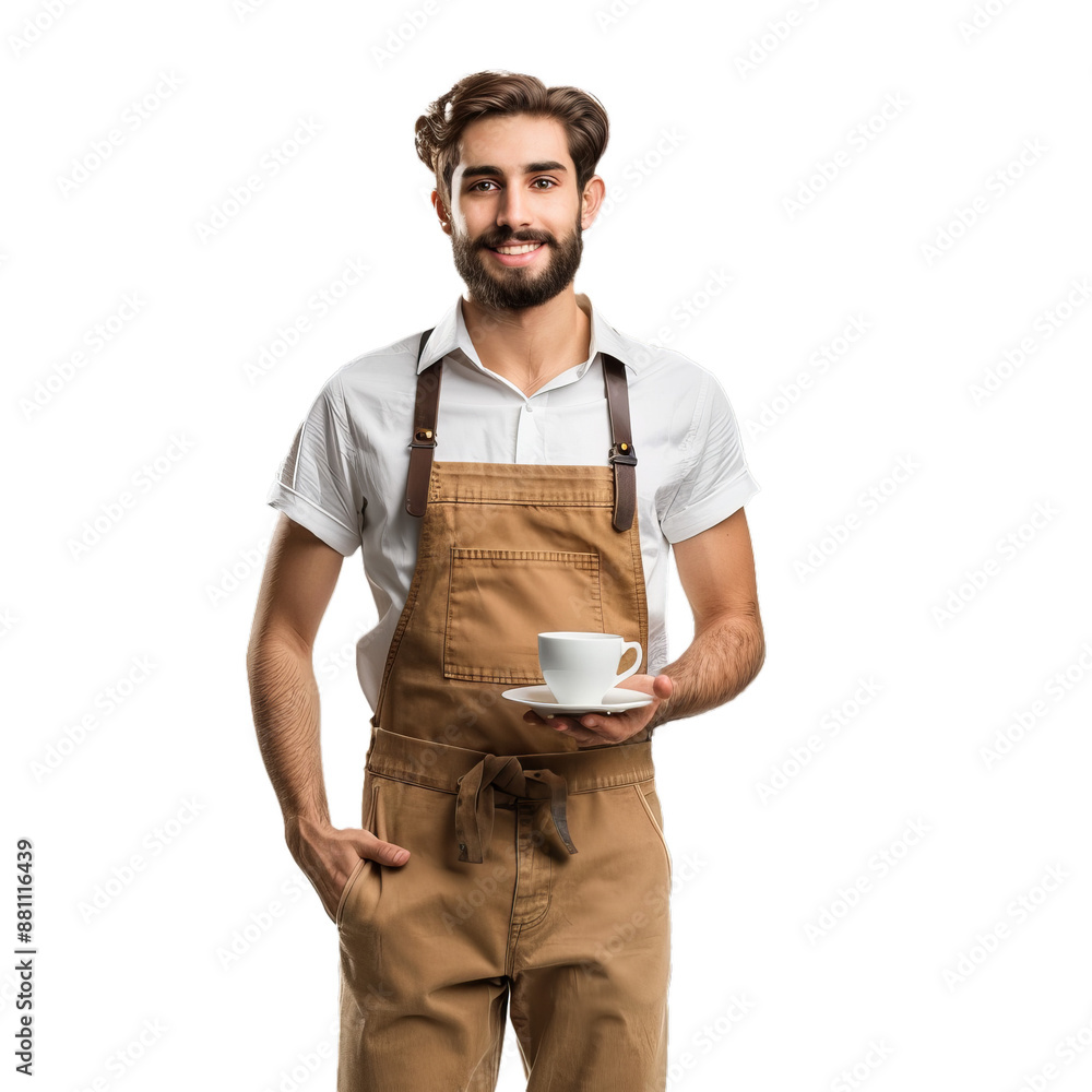 Fototapeta premium Smiling young man in apron presenting a cup of coffee on transparent background