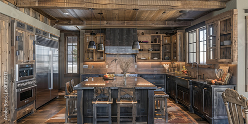 Wallpaper Mural Rustic kitchen with wood beams, a large island, and stainless steel appliances Torontodigital.ca