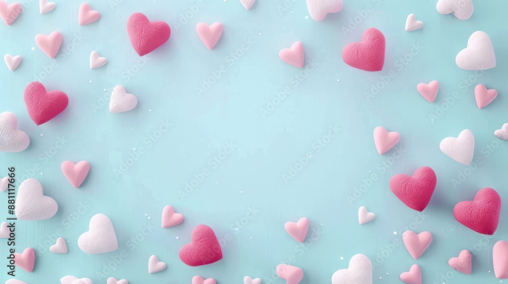 Pastel pink and white hearts on a light blue background. Valentine's Day and love concept. Pastel pink and white hearts on a light blue background. Valentine's Day and love concept.