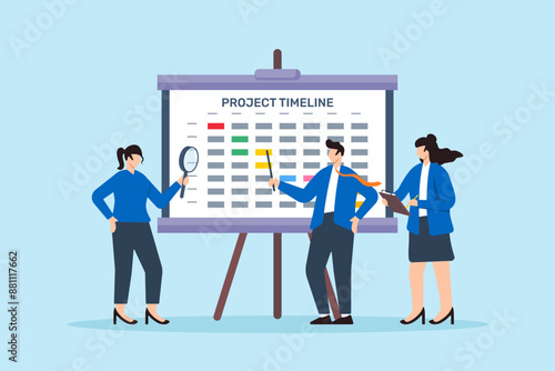 Vector illustration of colleagues analyzing project timeline on whiteboard deadline tracking and task prioritization