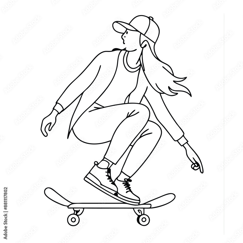 Fototapeta premium young woman on a skateboard as a line art vector illustration. 