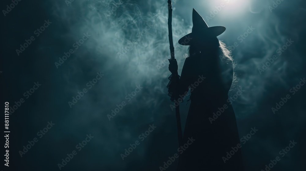 Silhouette of a witch with a staff, standing in a dark, foggy scene illuminated by blue light. Concept: mystical Halloween night. Silhouette of a witch with a staff, standing in a dark, foggy scene illuminated by blue light. Concept: mystical Halloween night.