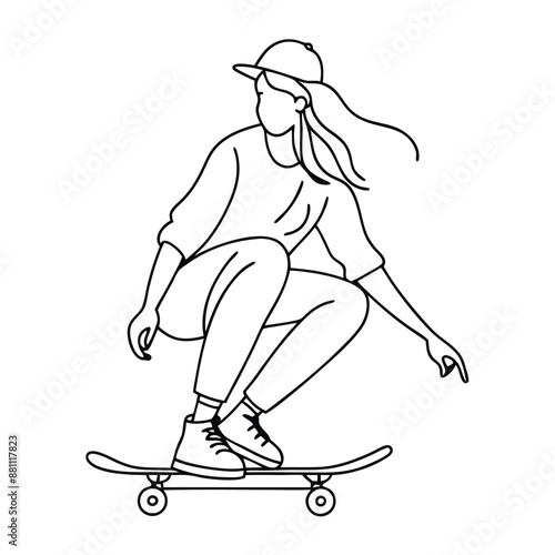 young woman on a skateboard as a line art vector illustration. 