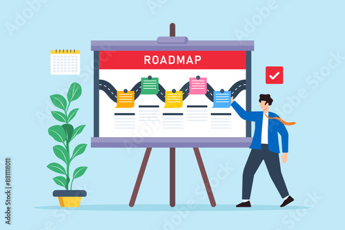 Vector illustration of employee marking progress on whiteboard roadmap with sticky notes milestone achievement