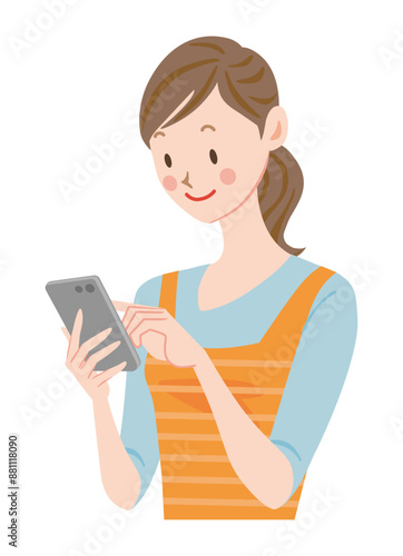 スマホを使う主婦のイラスト　スマホの画面をタッチして操作する女性