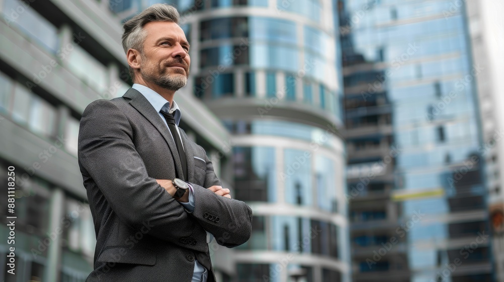 Handsome mature businessman in a suit against the background of modern skyscrapers Handsome mature businessman in a suit against the background of modern skyscrapers