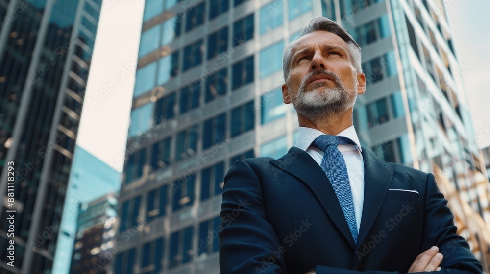Handsome mature businessman in a suit against the background of modern skyscrapers Handsome mature businessman in a suit against the background of modern skyscrapers