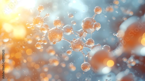 Golden molecules on a white blurred background. Abstract clean structure for science or medical 3d illustration.