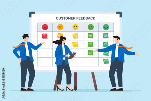 Vector illustration of business people mapping customer feedback with sticky notes on whiteboard satisfaction tracking